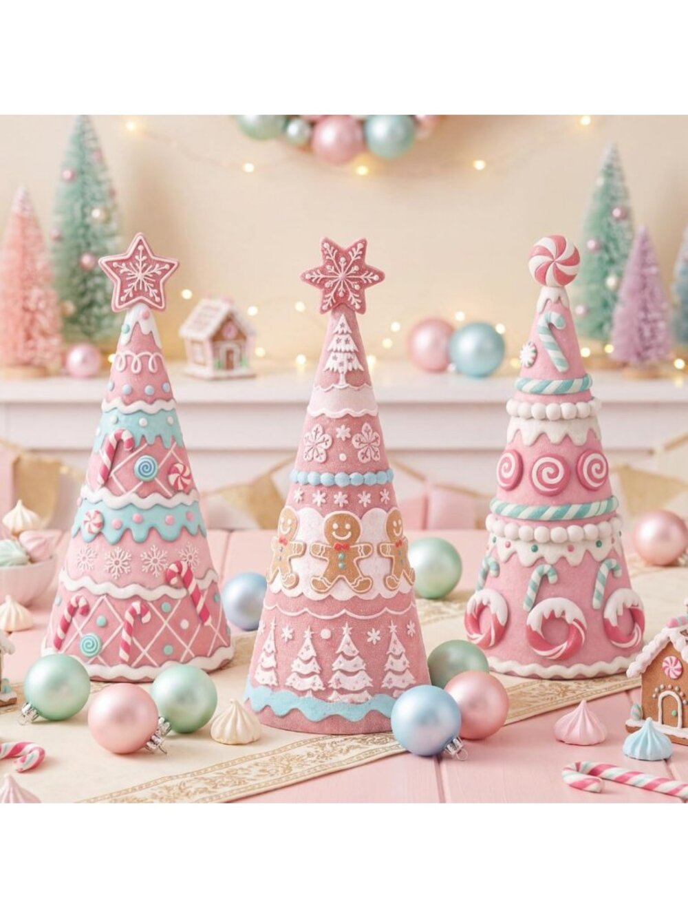 Set of 3 Pink Gingerbread Christmas Tree Figurines - Pastel Holiday Decor